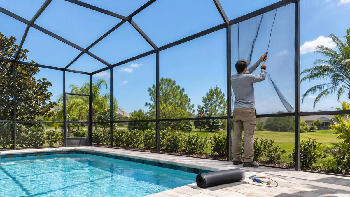 Pool screen enclosure being repaired at an Orlando home