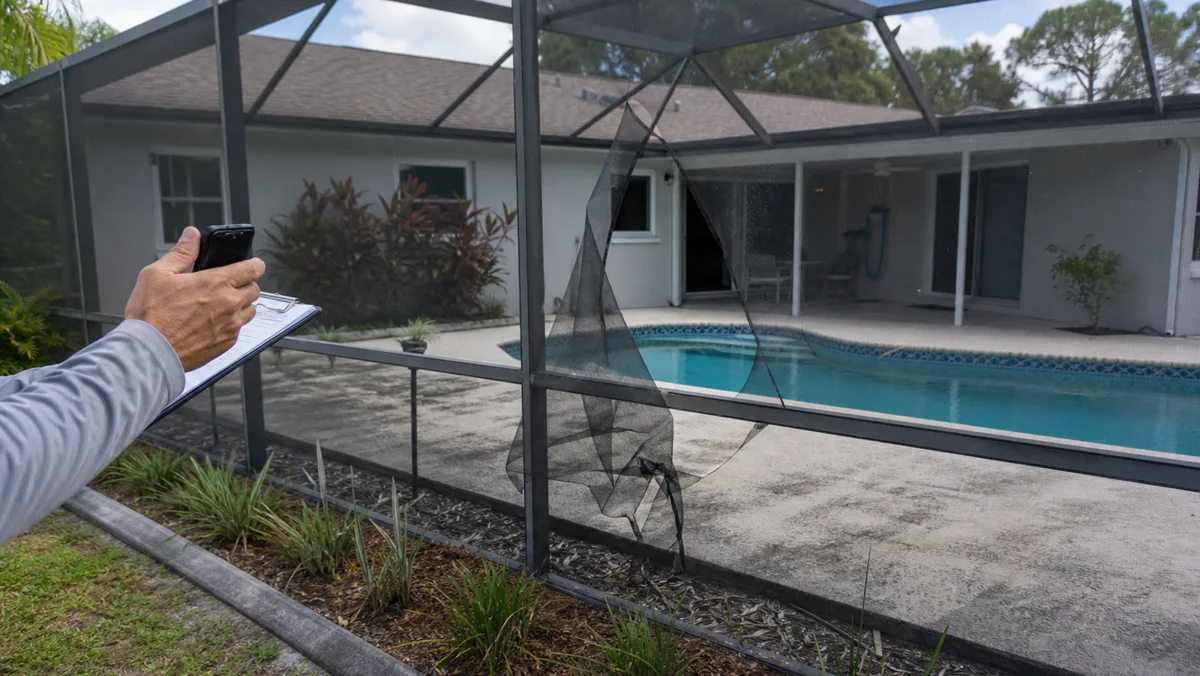 Orlando pool screen repair technician reviewing torn mesh and cage access before a callback