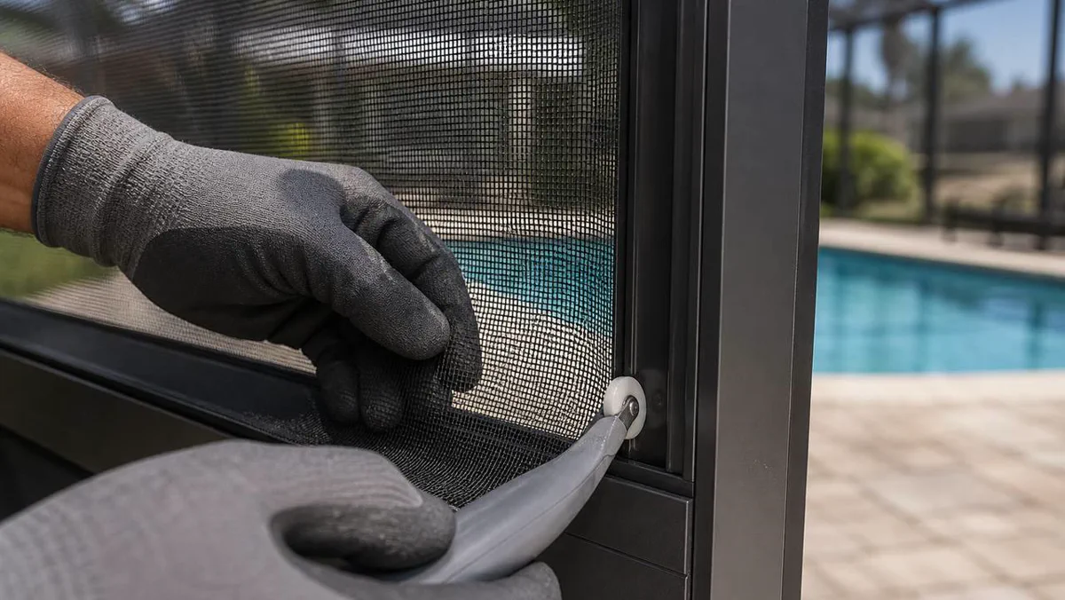 New screen panel being splined into a pool cage frame